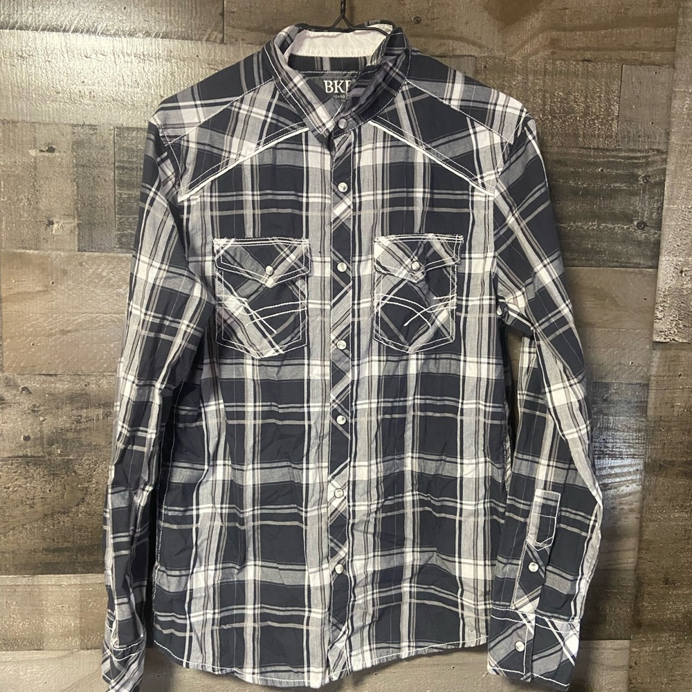 BKE Men's Standard Fit Black & White Plaid Button-Down Shirt Small